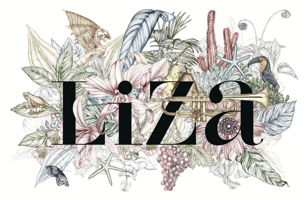 Illustratie rond de naam Liza, met tropische planten, bloemen, een toekan, een kikker, een draakje, een trompet, druiven en zeesterren.